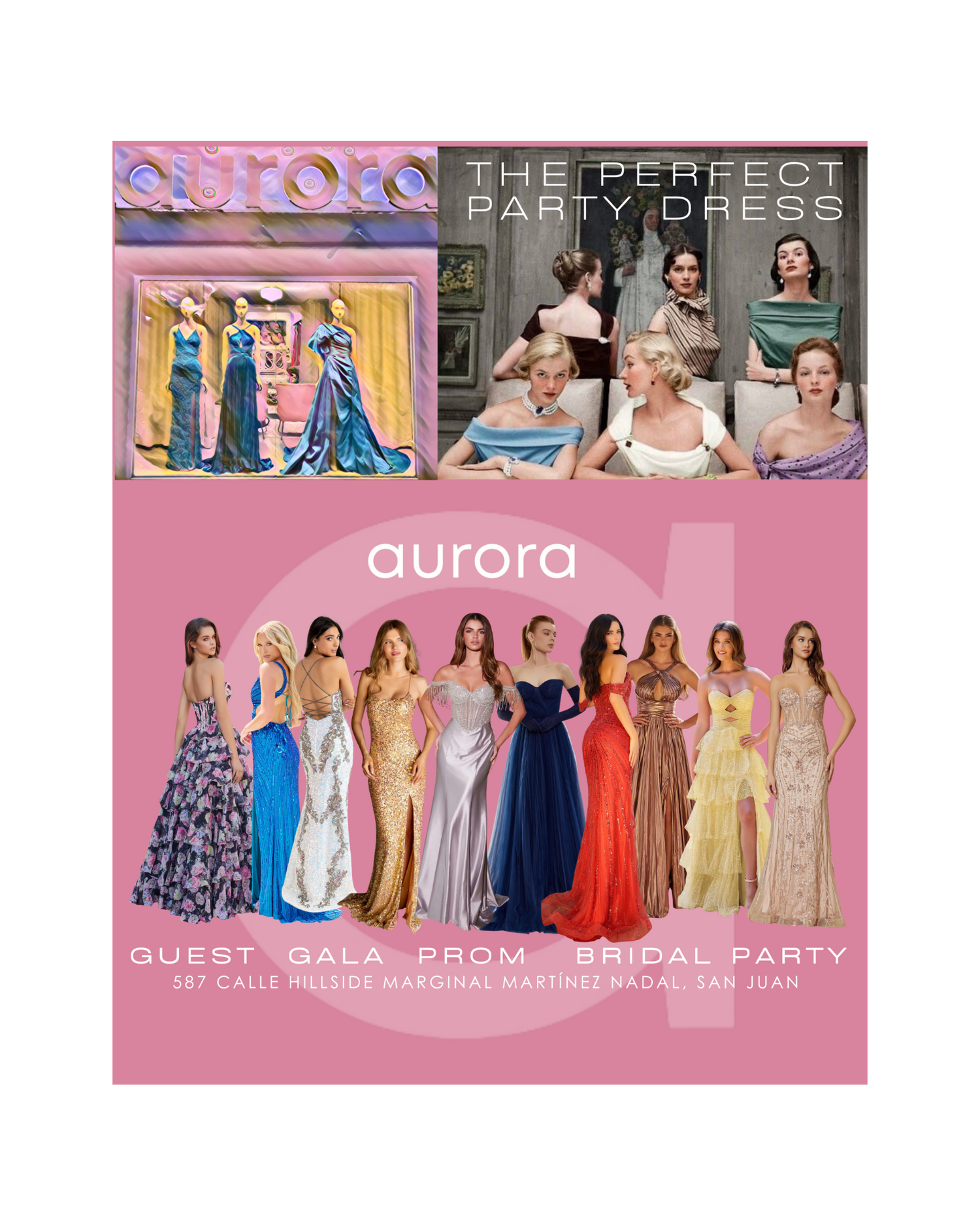 Aurora fashion advertisement with models in evening gowns and pink background